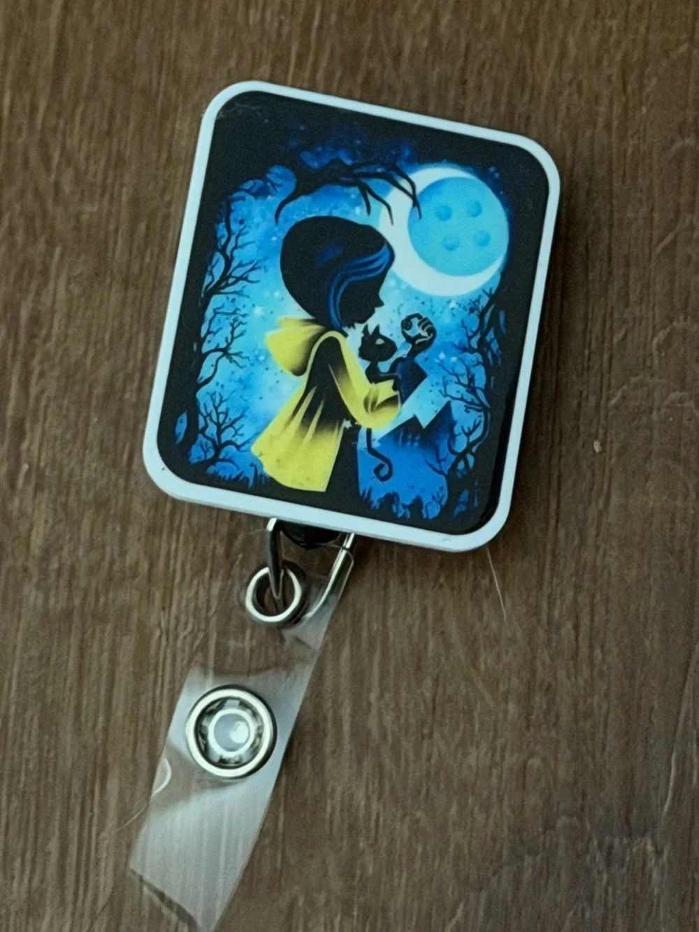Moonlit Girl & Cat Badge Reel - Blue and Yellow
